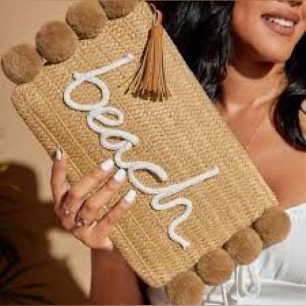SHEIN Boho 'Beach' Straw Clutch Handwoven Summer Vacation Bag with Pom-Pom Trim